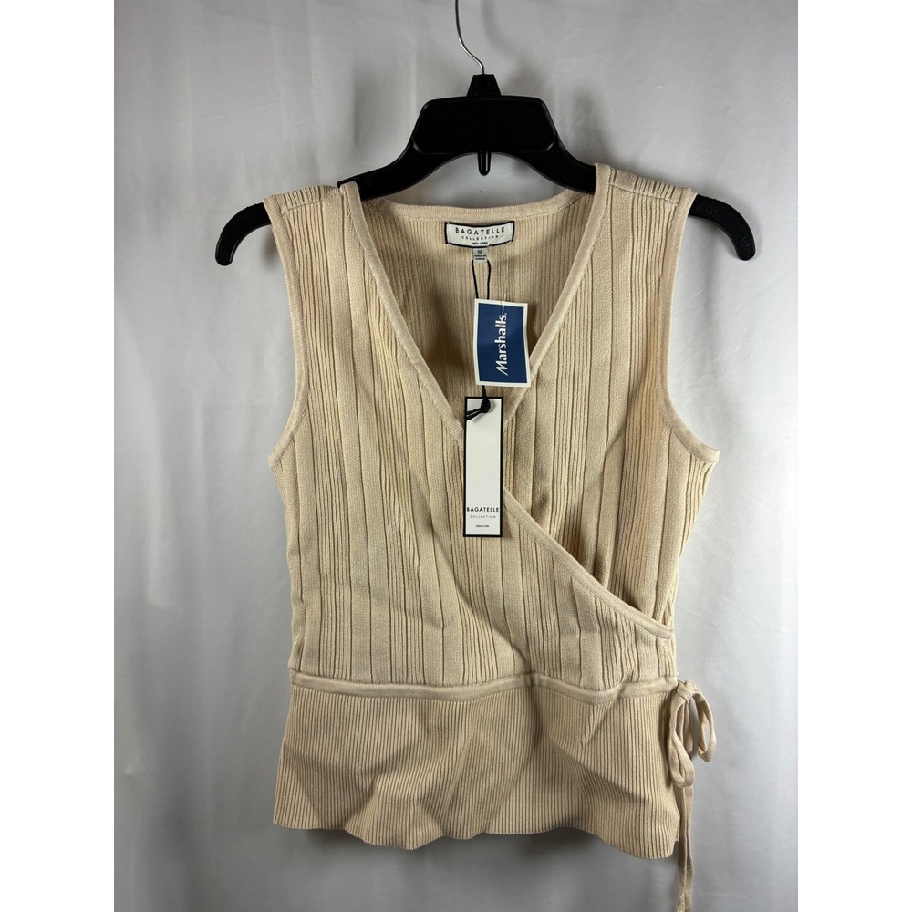 Bagatelle Collection Beige Ribbed Knit Wrap Sleeveless Side Tie Top Medium NWT